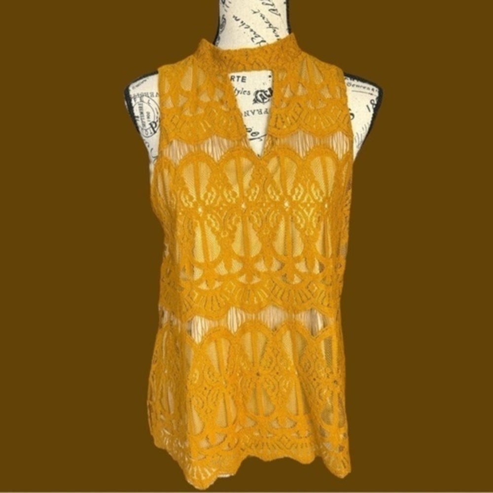 Size Large Love, Fire Yellow Golden Lace Sleeveless Mock Neck Blouse